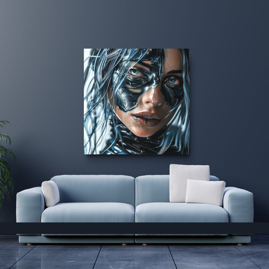 Modern living room with a blue sofa and a large wall art piece of a woman's face.