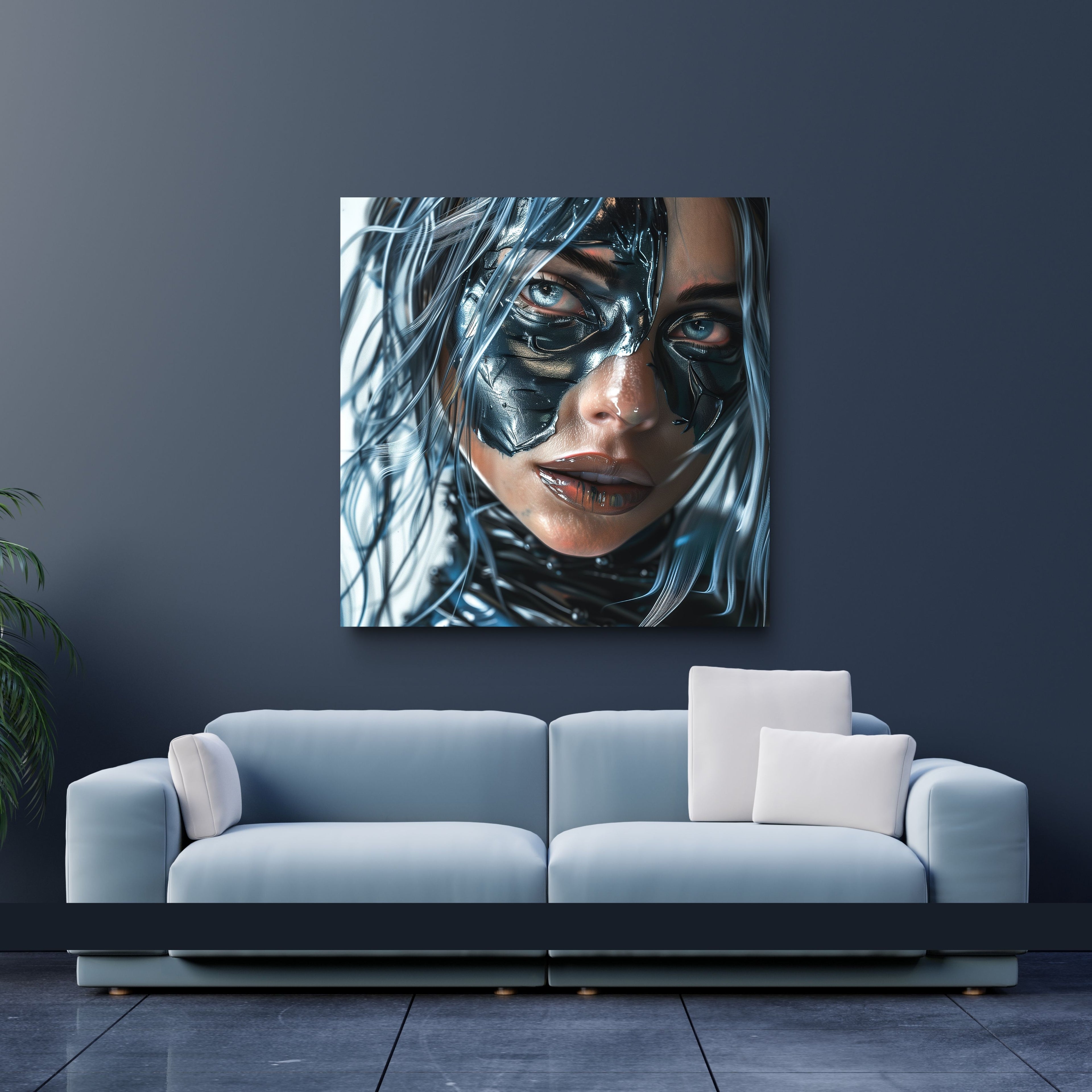 Modern living room with a blue sofa and a large wall art piece of a woman's face.