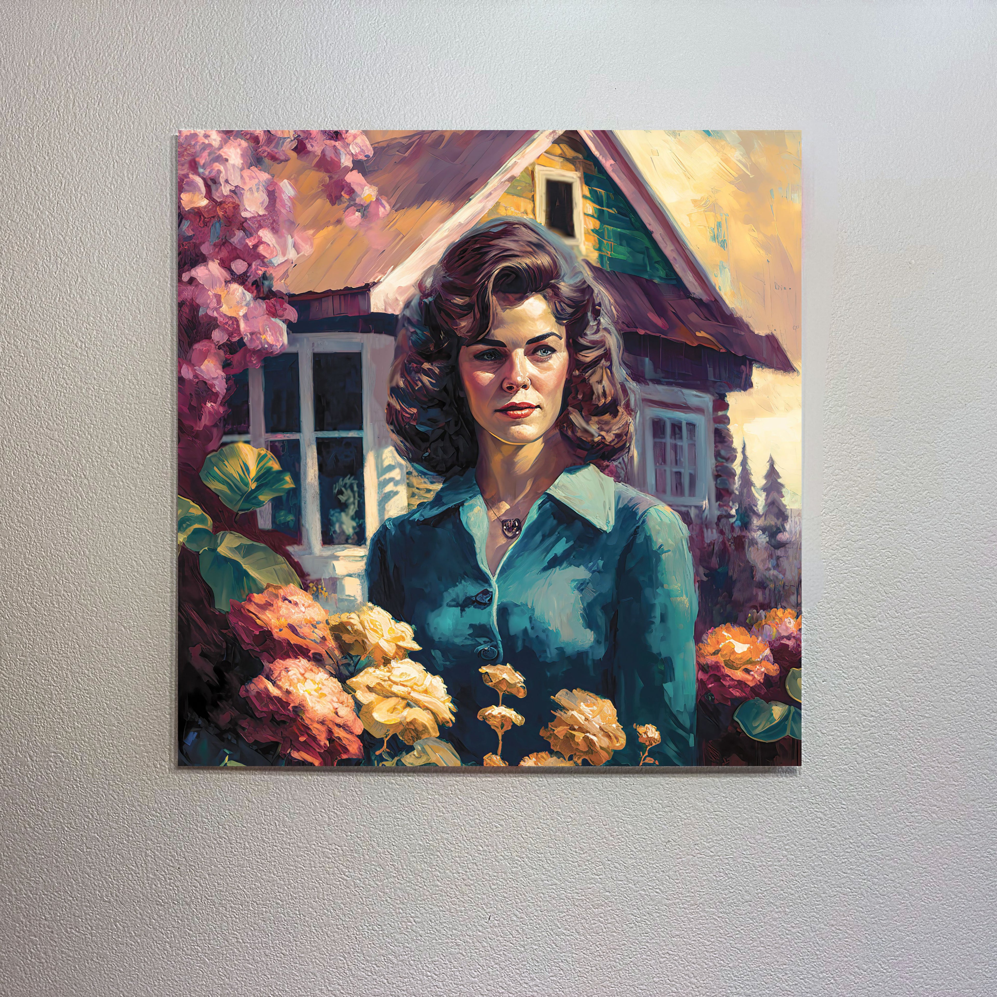 Painting of a woman in front of a house with flowers
