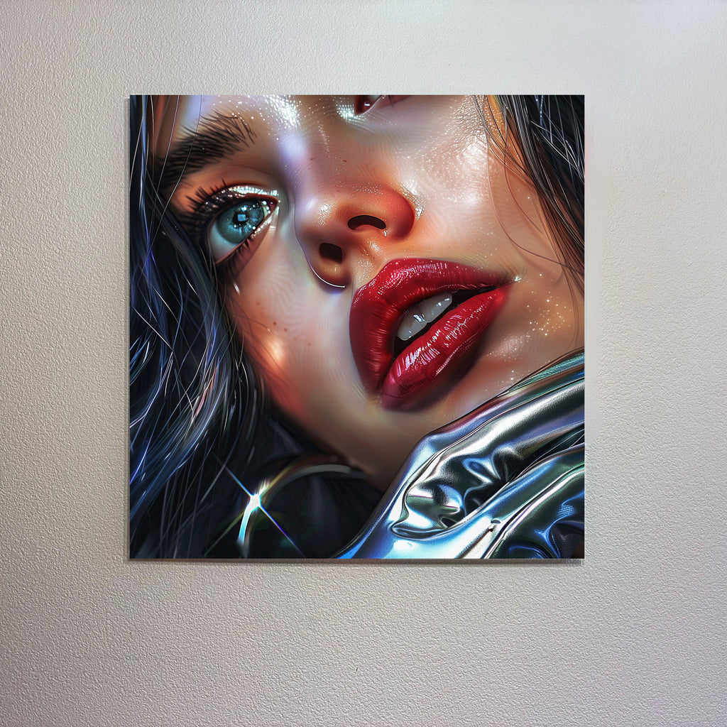 Pearlescent Blue Eyes Red Lips Woman Canvas Wall Art, Platinum Glam Beauty Portrait, Fashion Makeup Wall Decor, Modern Feminine Pop Art