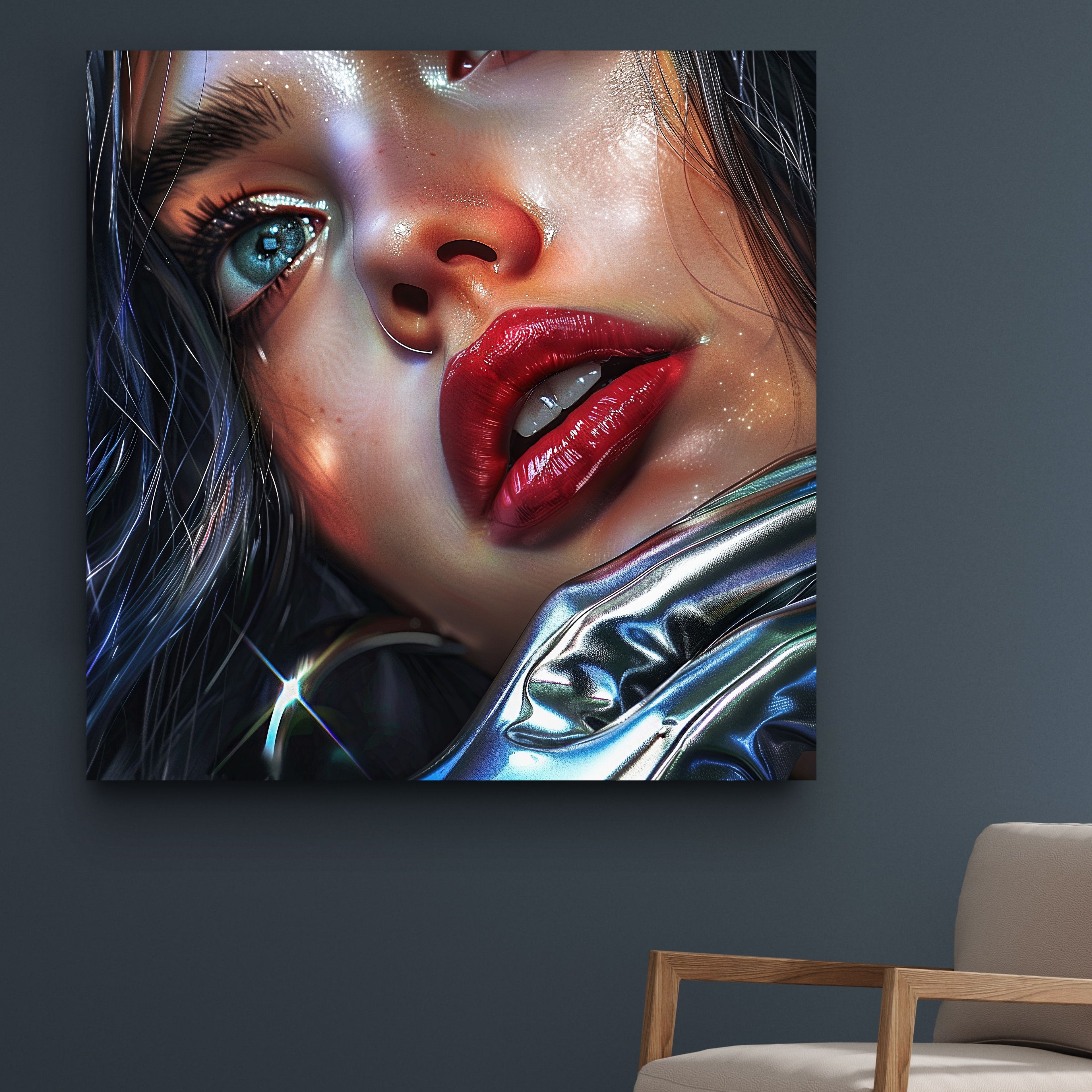 Pearlescent Blue Eyes Red Lips Woman Canvas Wall Art, Platinum Glam Beauty Portrait, Fashion Makeup Wall Decor, Modern Feminine Pop Art
