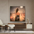 Woman Overlooking Glowing Night City Canvas Wall Art, Back View Female Portrait, Moonlit Cityscape Painting, Modern Feminine Bedroom Decor