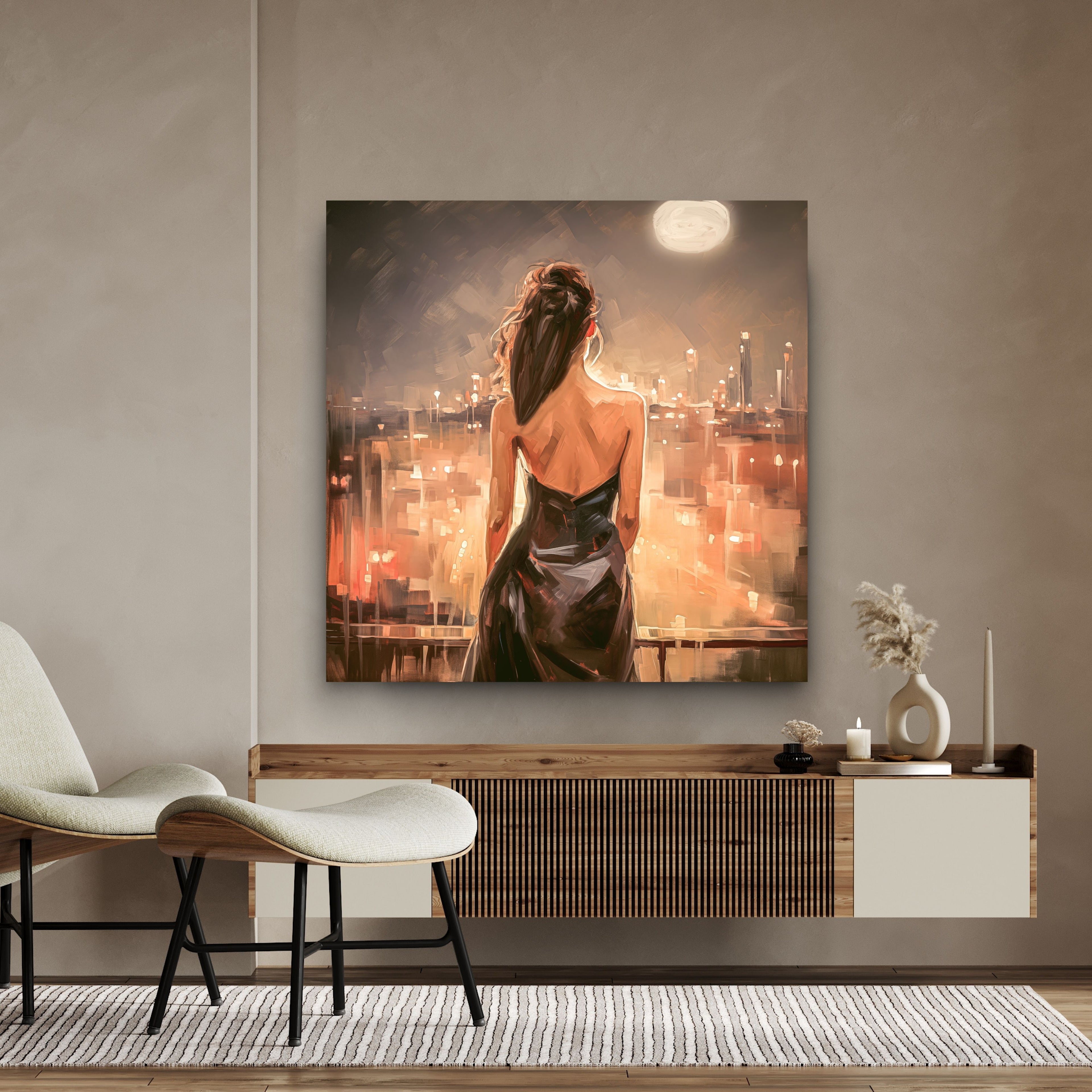 Woman Overlooking Glowing Night City Canvas Wall Art, Back View Female Portrait, Moonlit Cityscape Painting, Modern Feminine Bedroom Decor