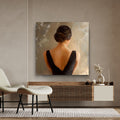 Elegant woman portrait canvas wall art, minimalist back view painting in neutral tones, modern feminine decor displayed in a stylish living room