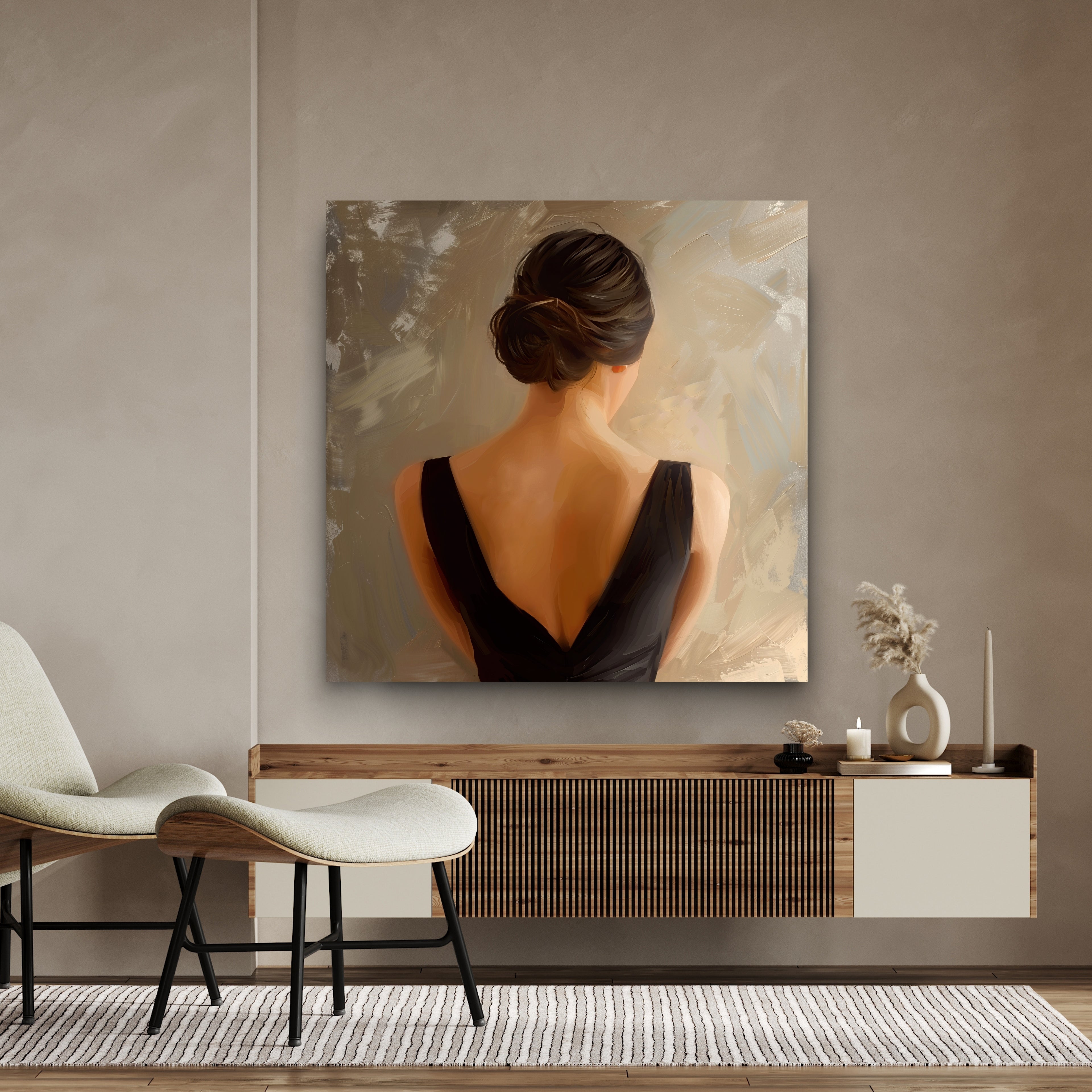 Elegant woman portrait canvas wall art, minimalist back view painting in neutral tones, modern feminine decor displayed in a stylish living room