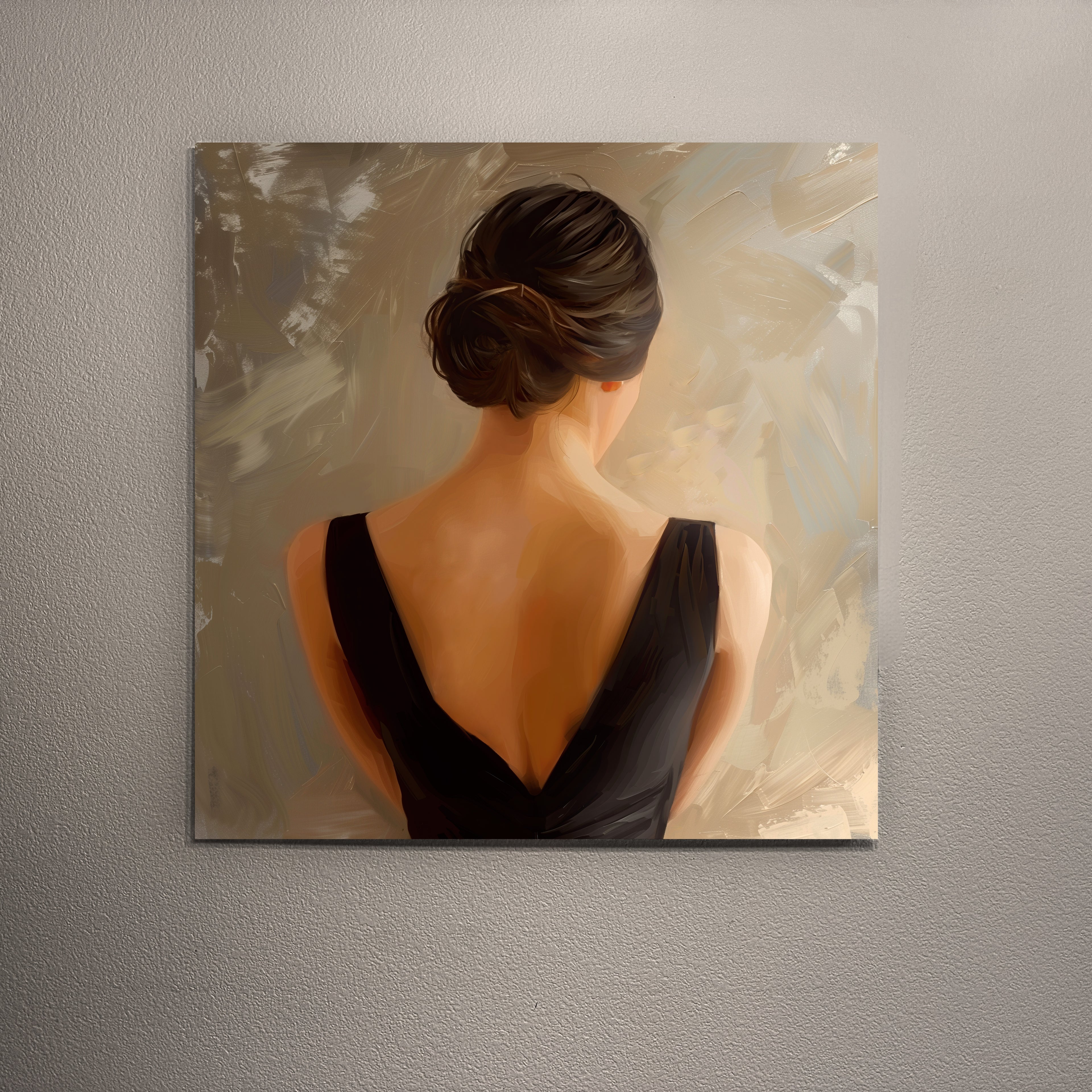 Elegant woman portrait canvas wall art, minimalist back view painting in neutral beige tones, modern feminine decor artwork