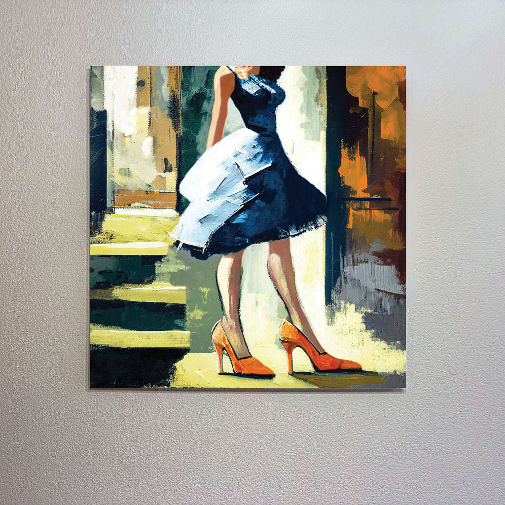 Painting of a woman in a dress and high heels on a textured wall.