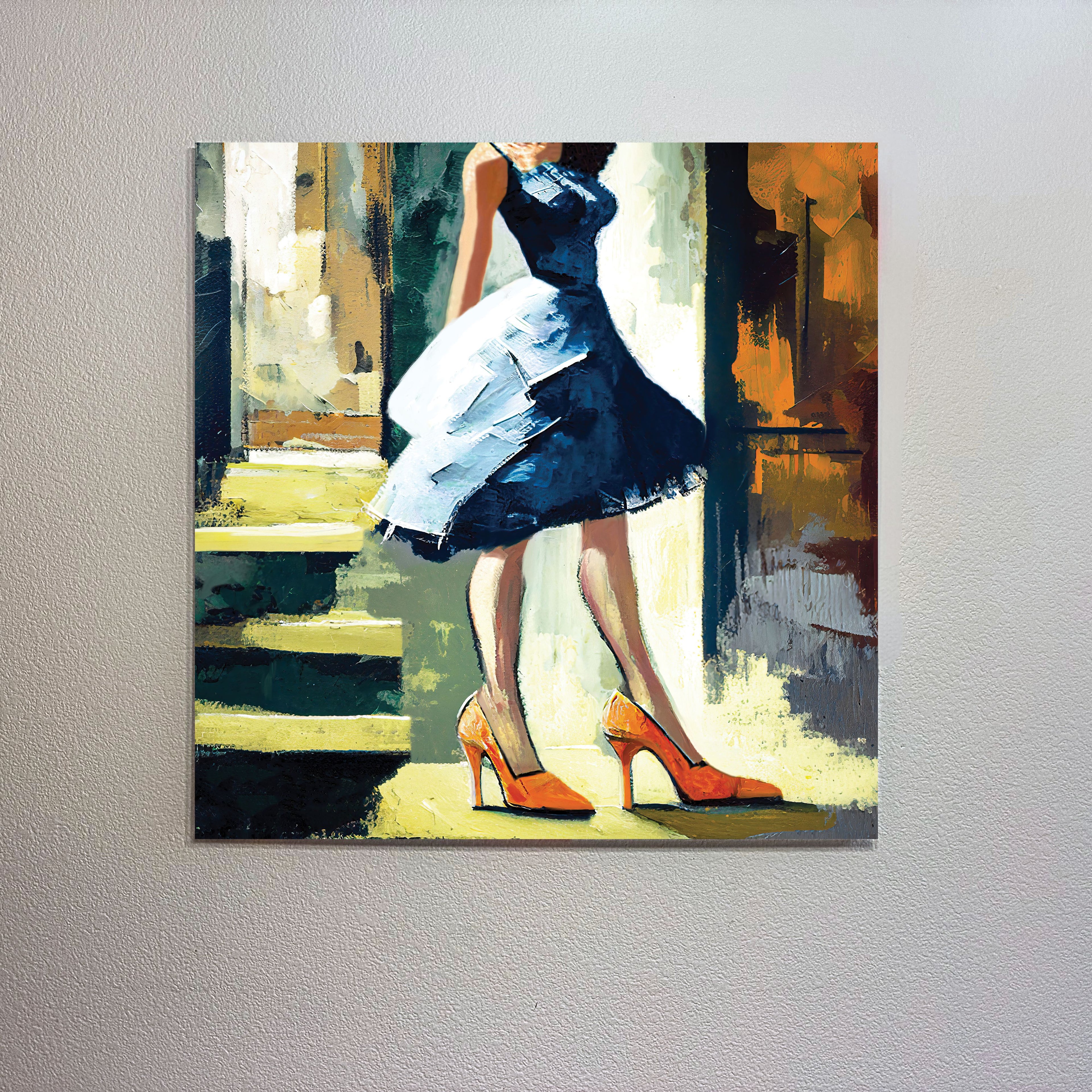Painting of a woman in a dress and high heels on a textured wall.