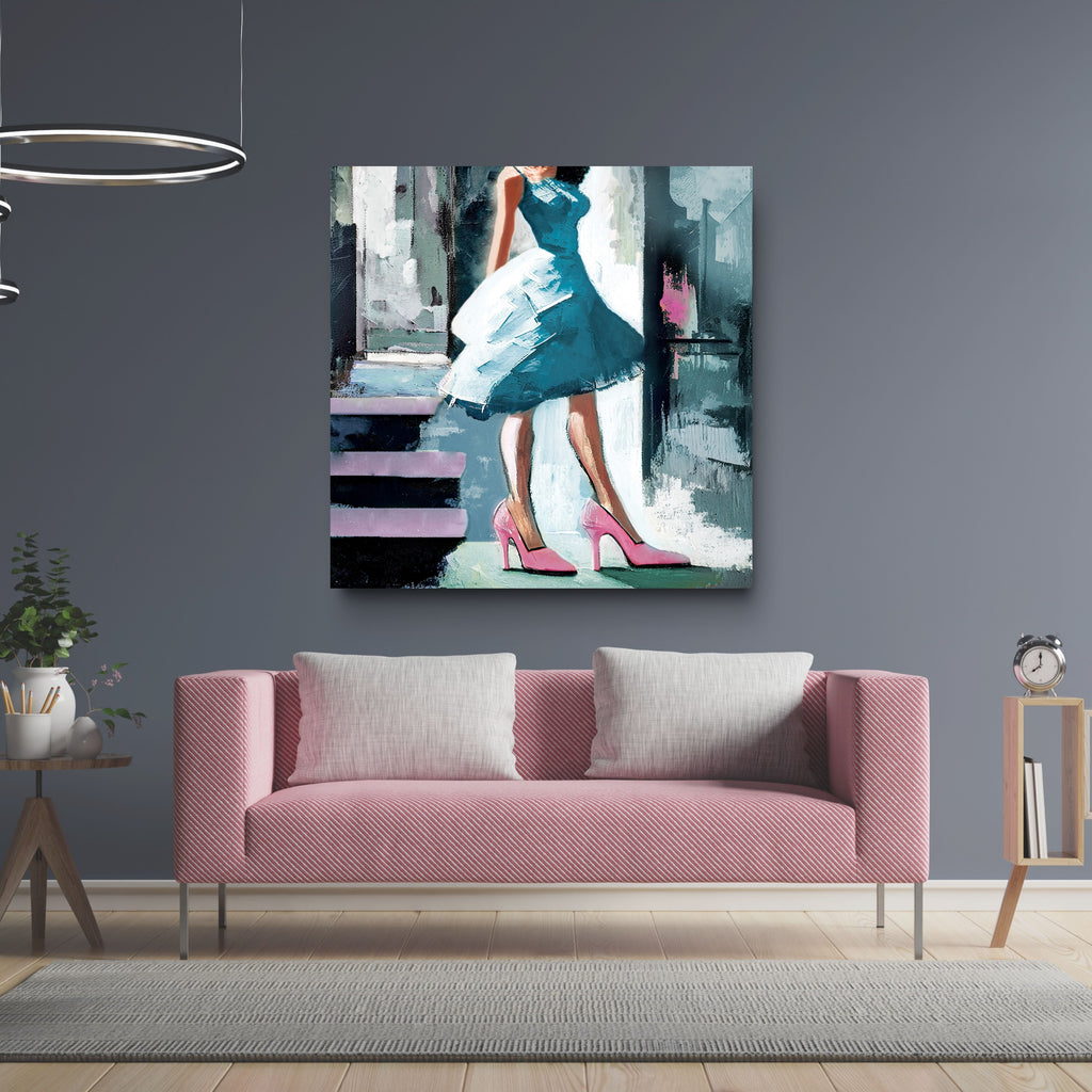 Lavender living room with pink sofa, abstract painting of a woman in a blue dress, and pink high heels.