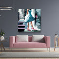 Lavender living room with pink sofa, abstract painting of a woman in a blue dress, and pink high heels.