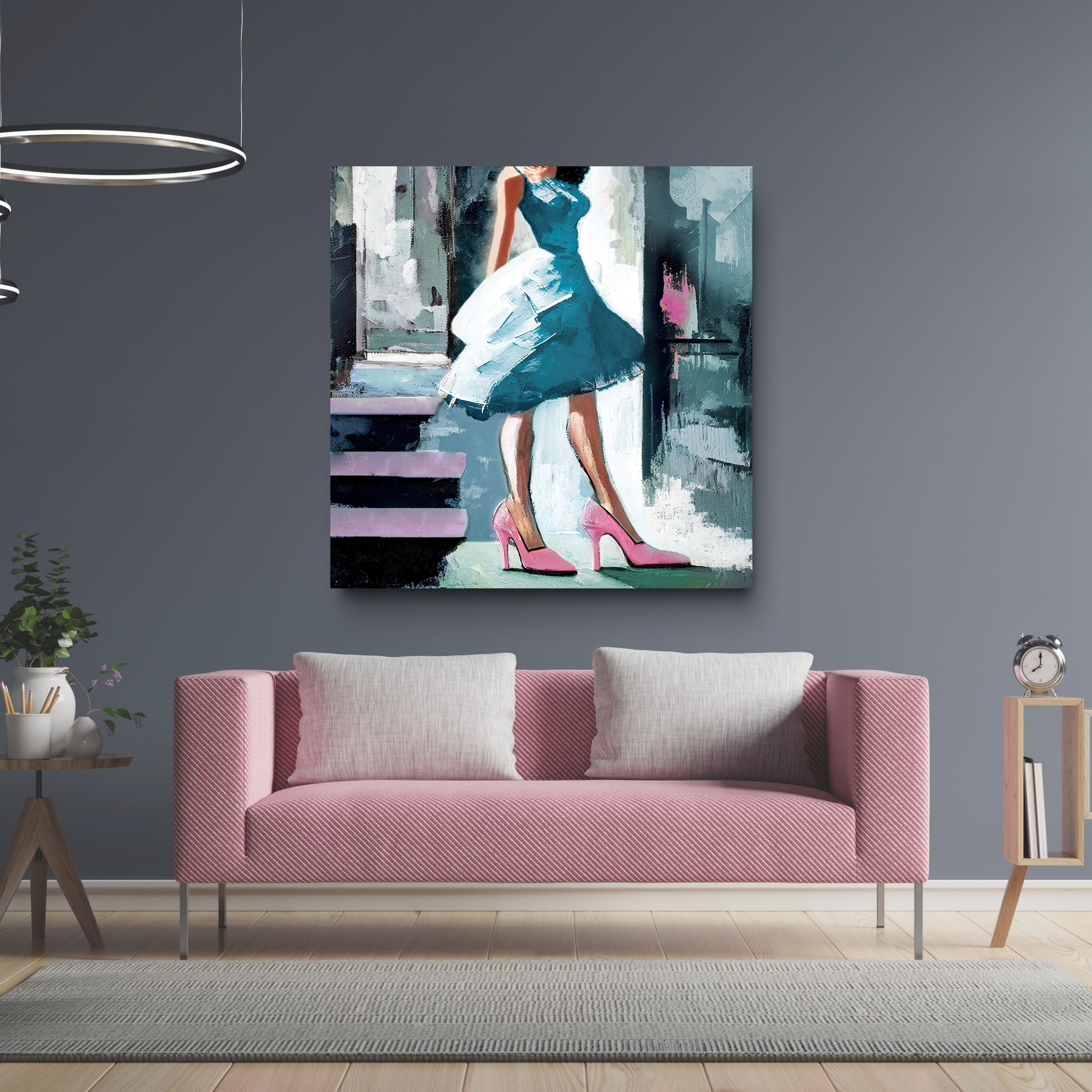 Lavender living room with pink sofa, abstract painting of a woman in a blue dress, and pink high heels.