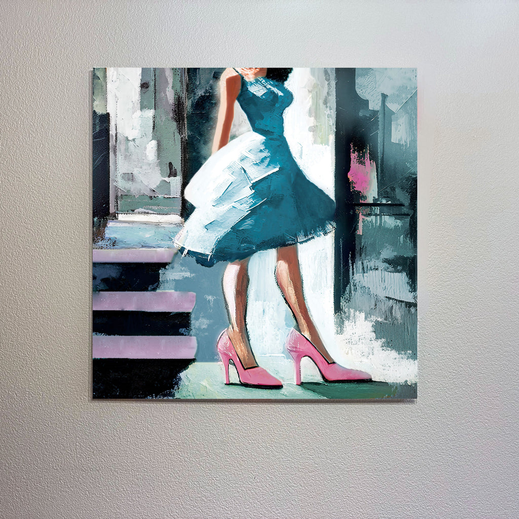 Painting of a woman in a blue dress and pink high heels on a gray wall.
