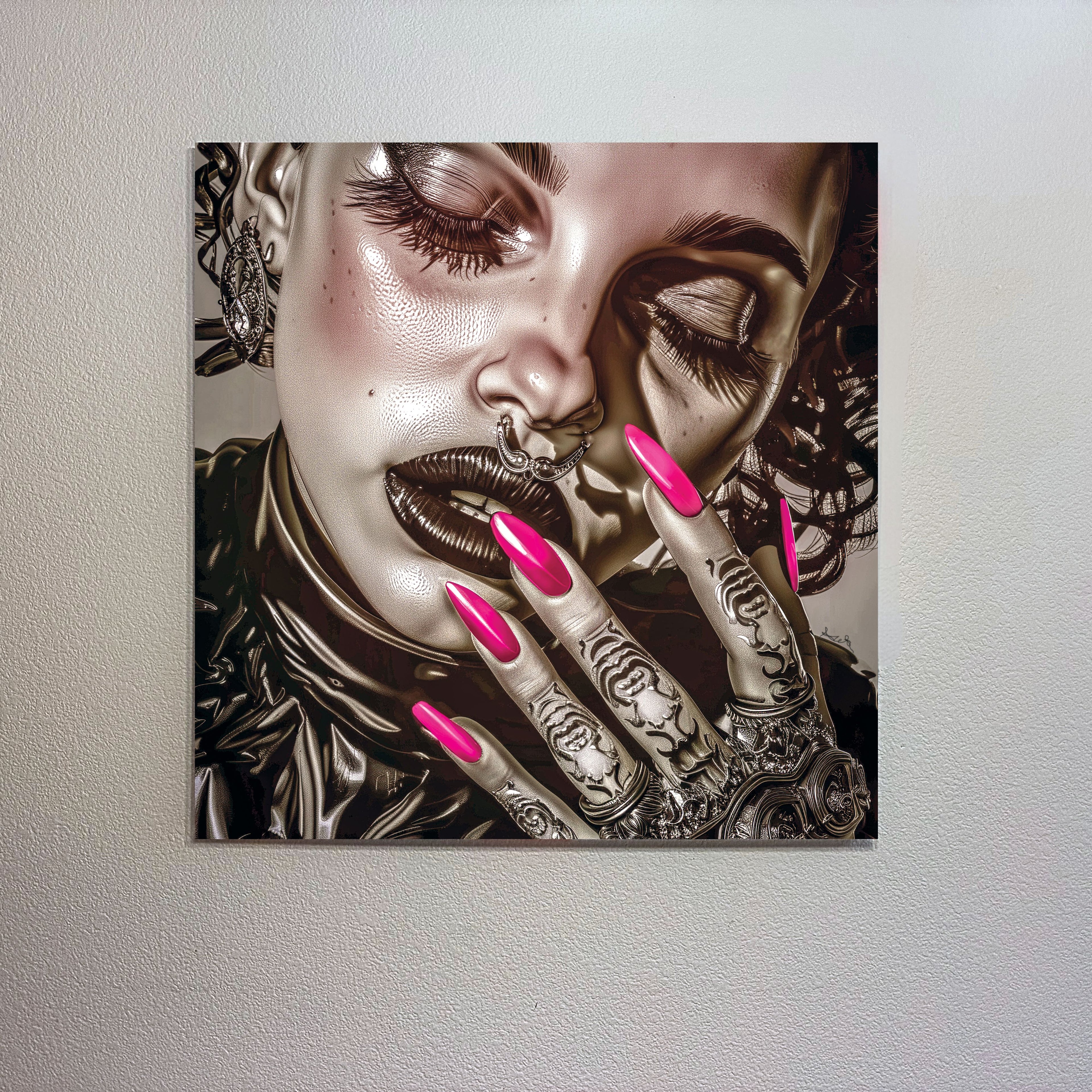 Artistic depiction of a person with tattoos and pink nails on a plain wall.