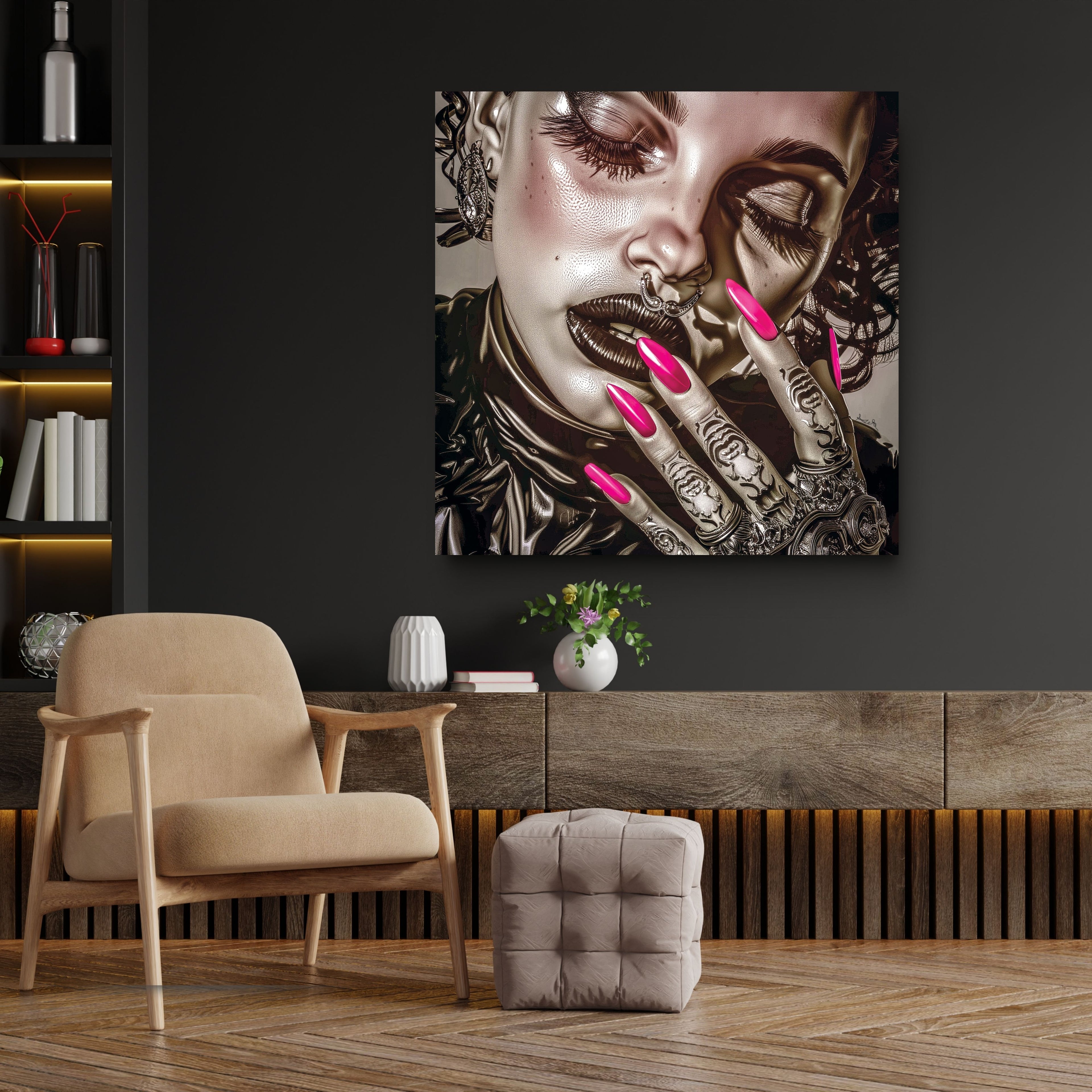 Modern living room with a stylish wall art piece on a dark wall.