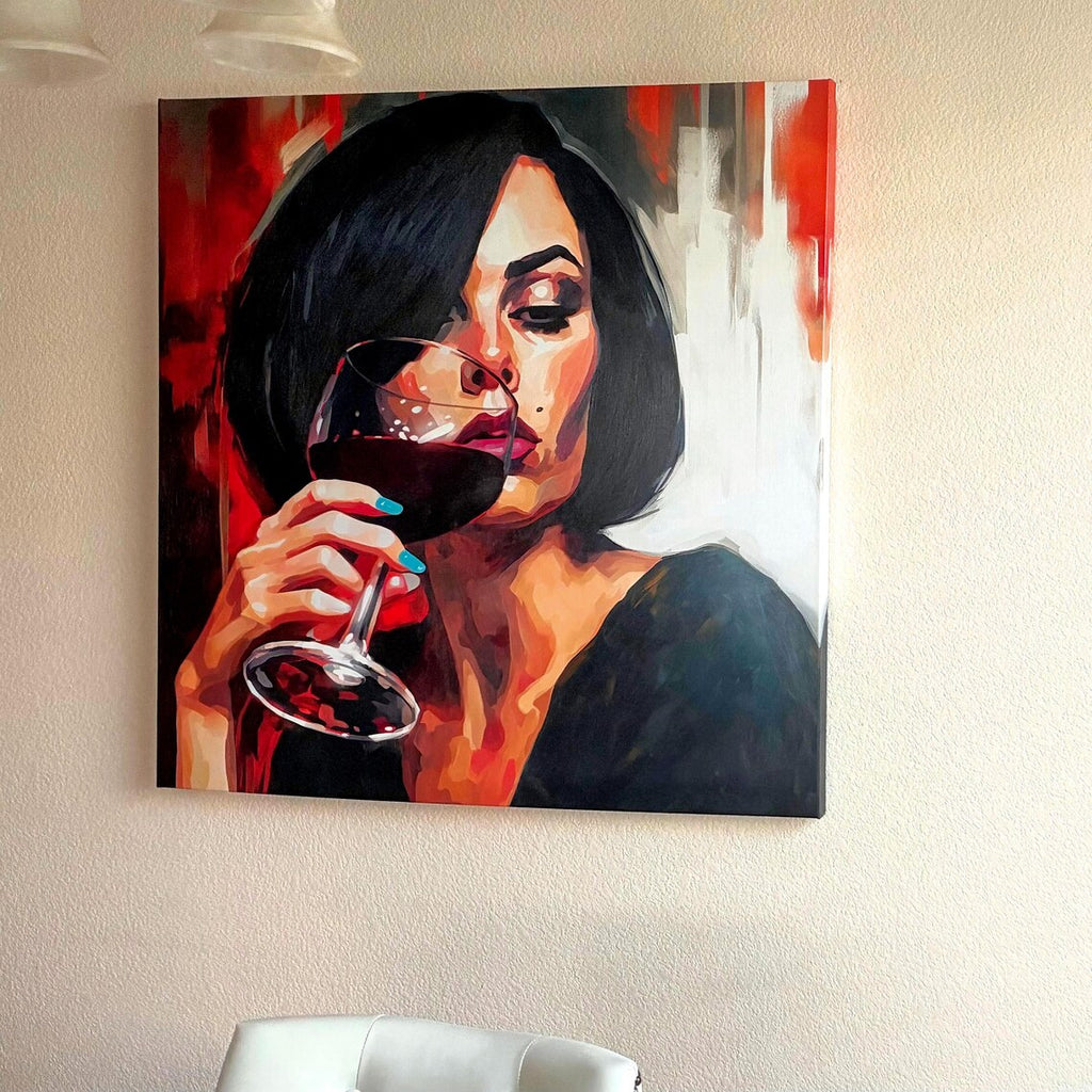 Elegant Woman Holding Wine Glass Canvas Wall Art, Moody Red Wine Artwork, Wine Lovers Gift, Modern Home Bar Kitchen & Dining Room Decor