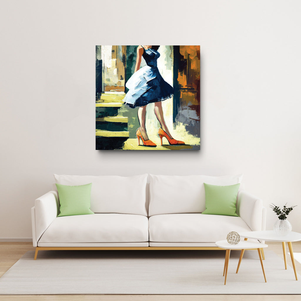 Painting of a woman in a blue dress and high heels on a wall above a white sofa with green cushions.
