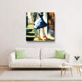 Painting of a woman in a blue dress and high heels on a wall above a white sofa with green cushions.