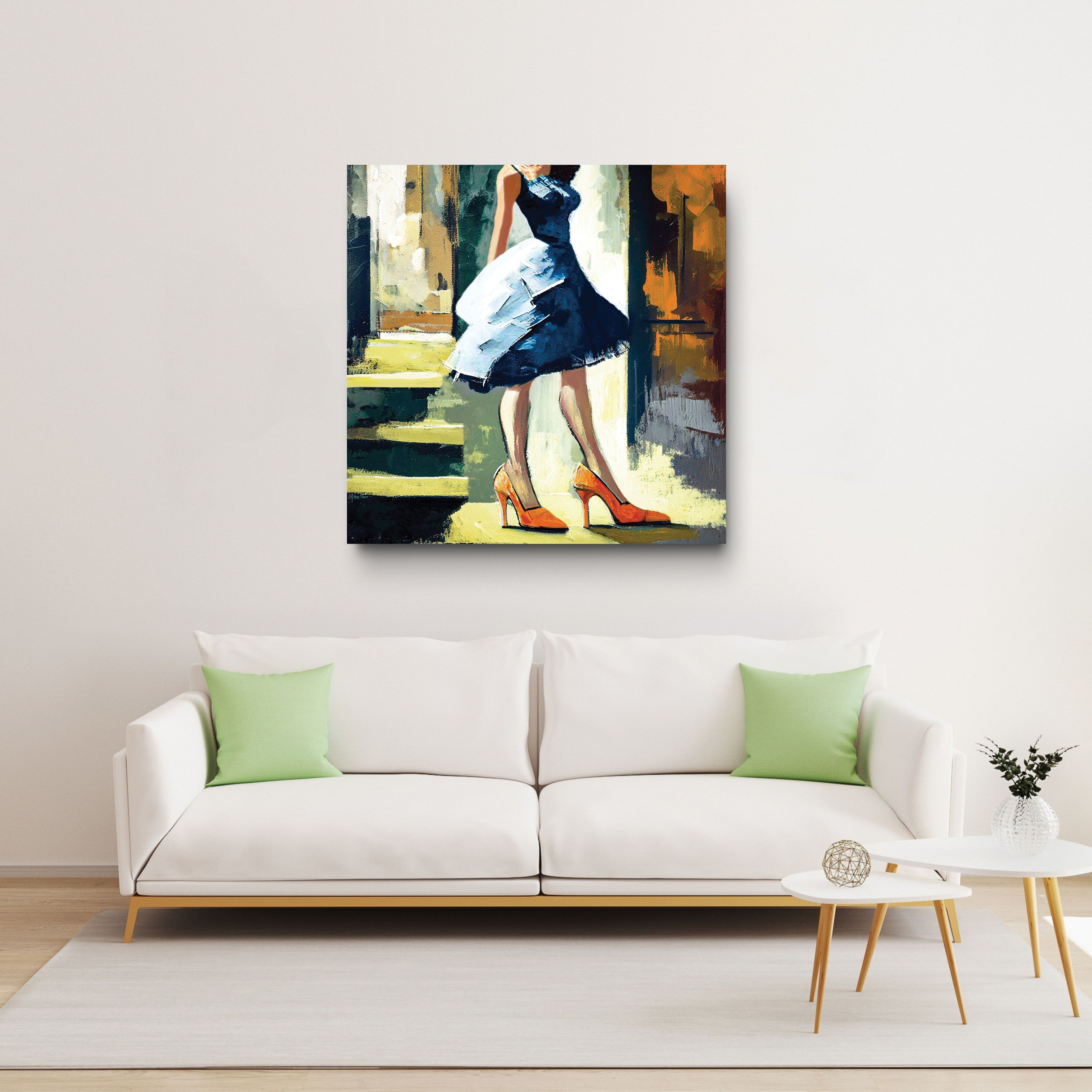 Painting of a woman in a blue dress and high heels on a wall above a white sofa with green cushions.