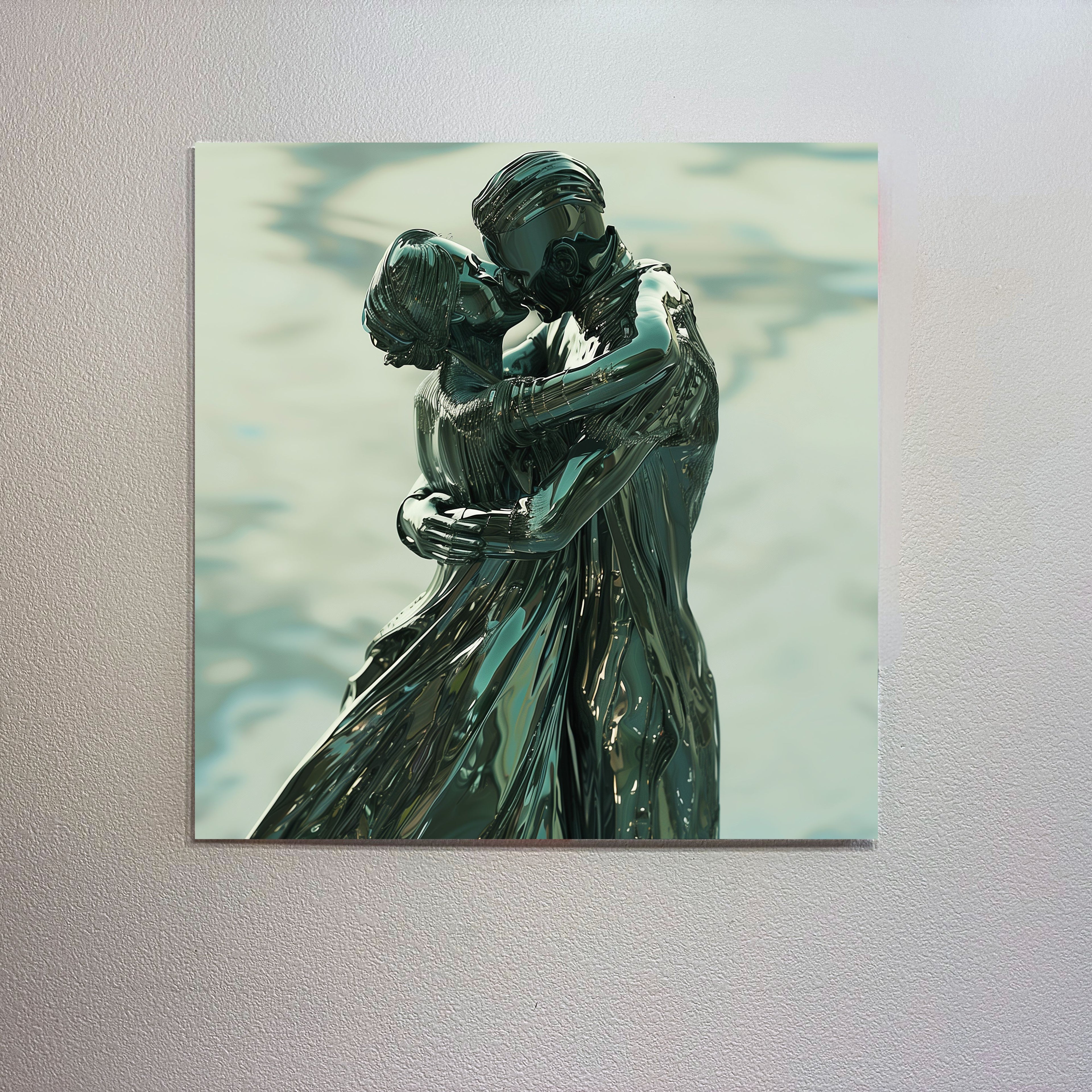 Metallic sculpture of two figures embracing on a textured wall.