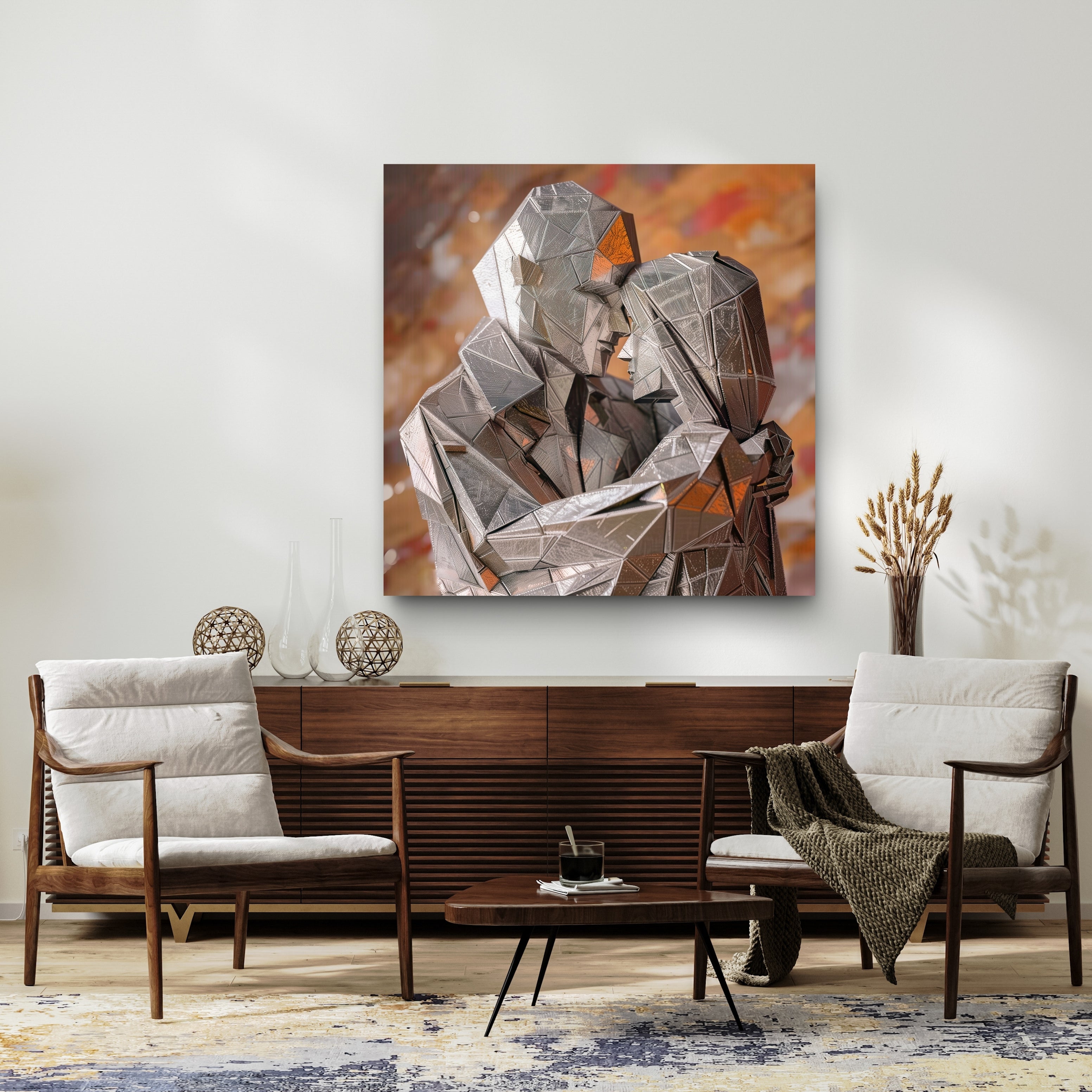 Large canvas wall art showing a geometric couple kiss in metallic polygon style displayed above a modern living room console, romantic abstract wall decor.