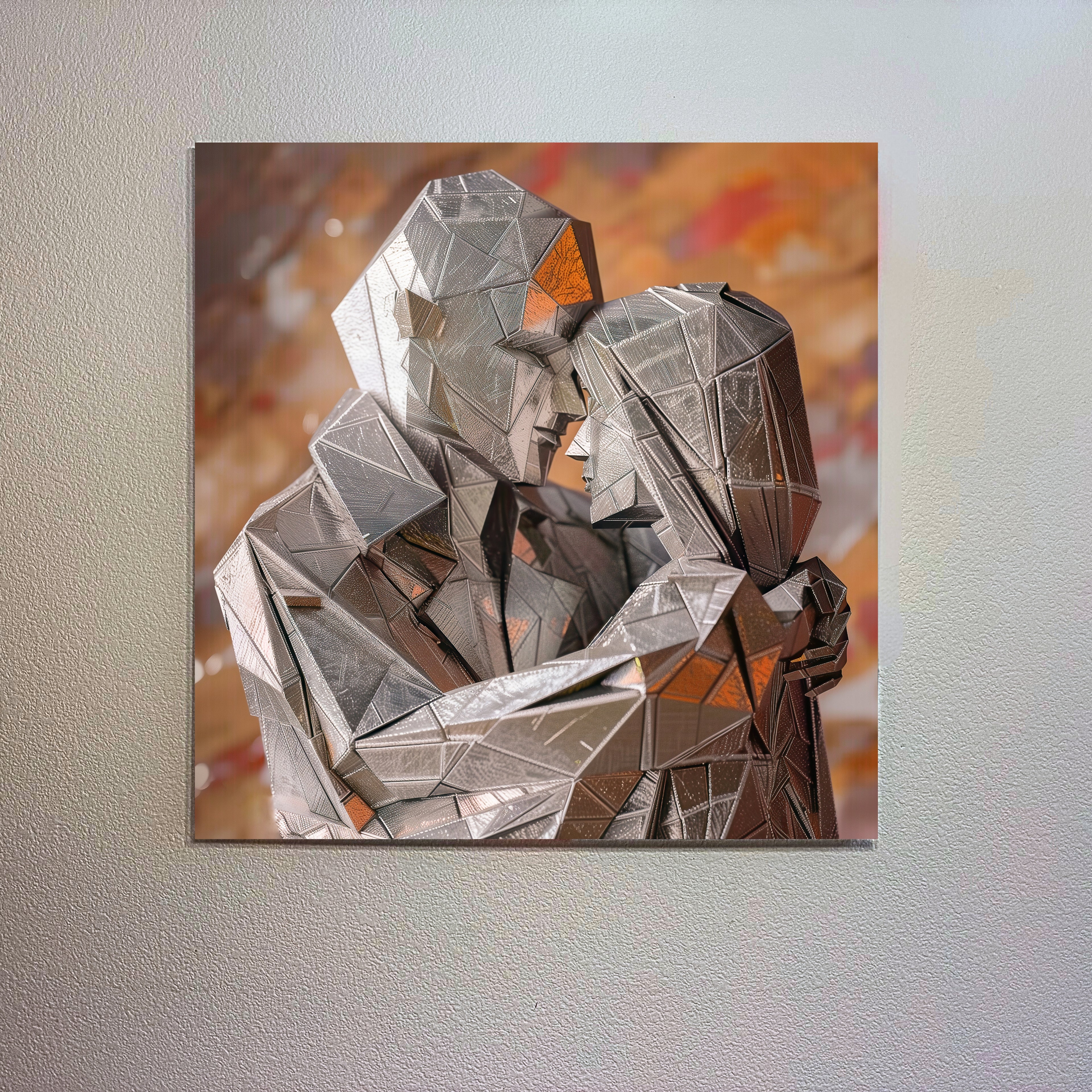 Large canvas wall art featuring a geometric couple kiss in modern abstract metallic polygon style, romantic contemporary wall decor for modern interiors.