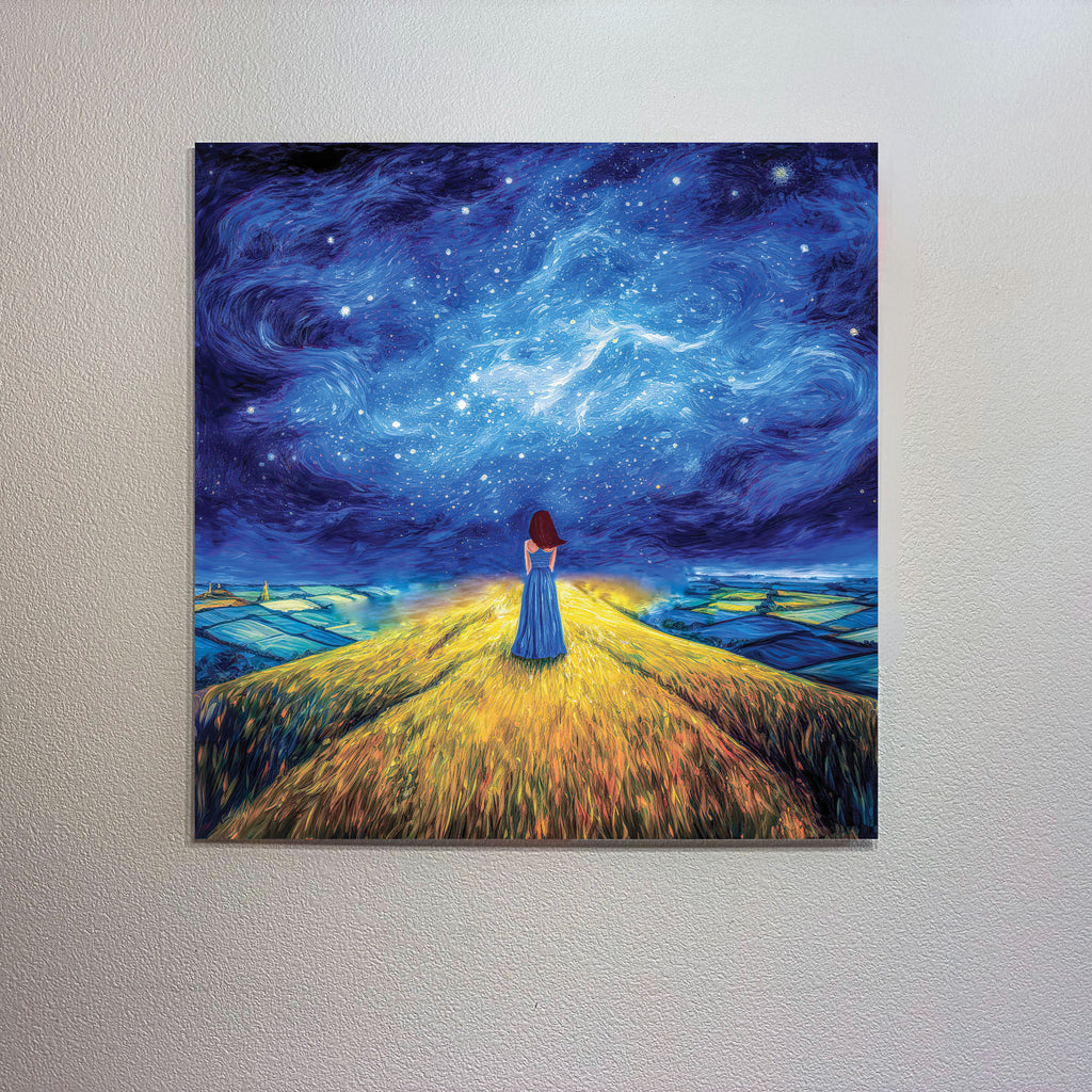 Painting of a woman in a blue dress standing on a path under a starry night sky.
