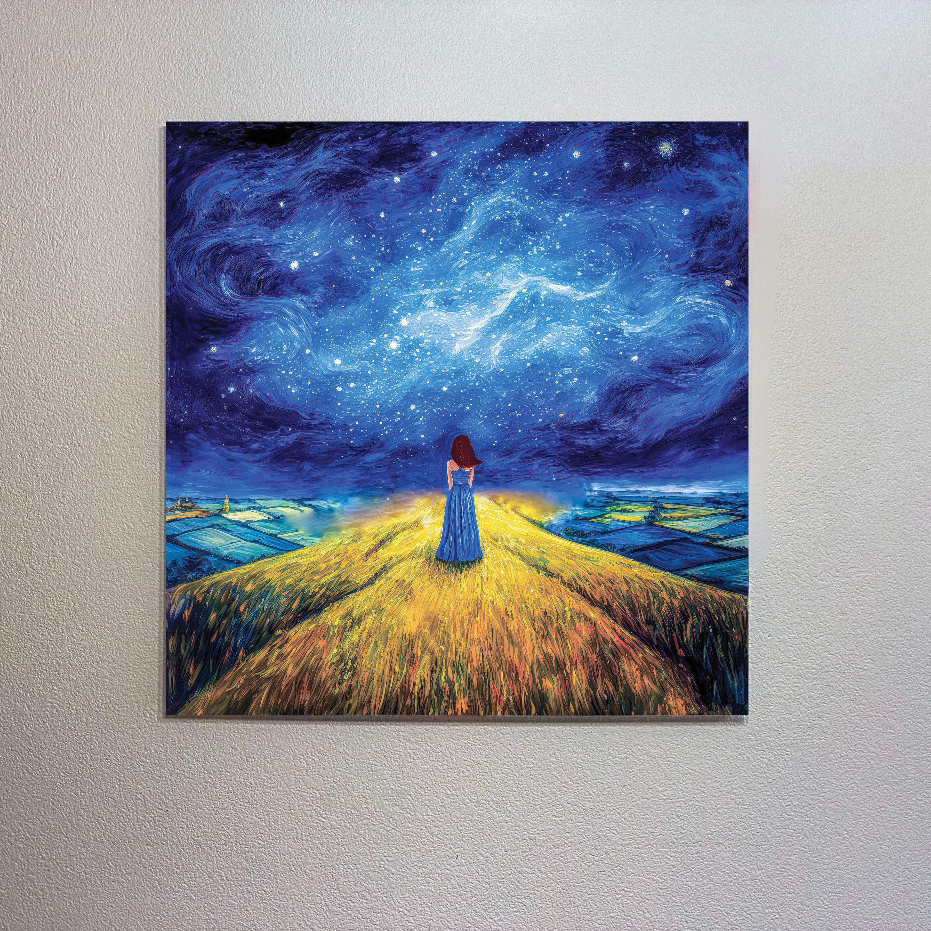 Painting of a woman in a blue dress standing on a path under a starry night sky.