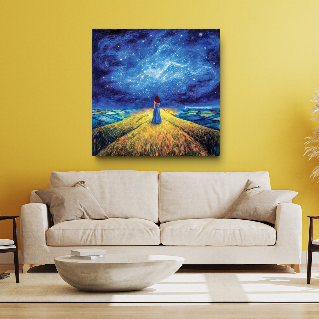 Painting of a person standing in a field under a starry sky above a beige sofa in a living room.