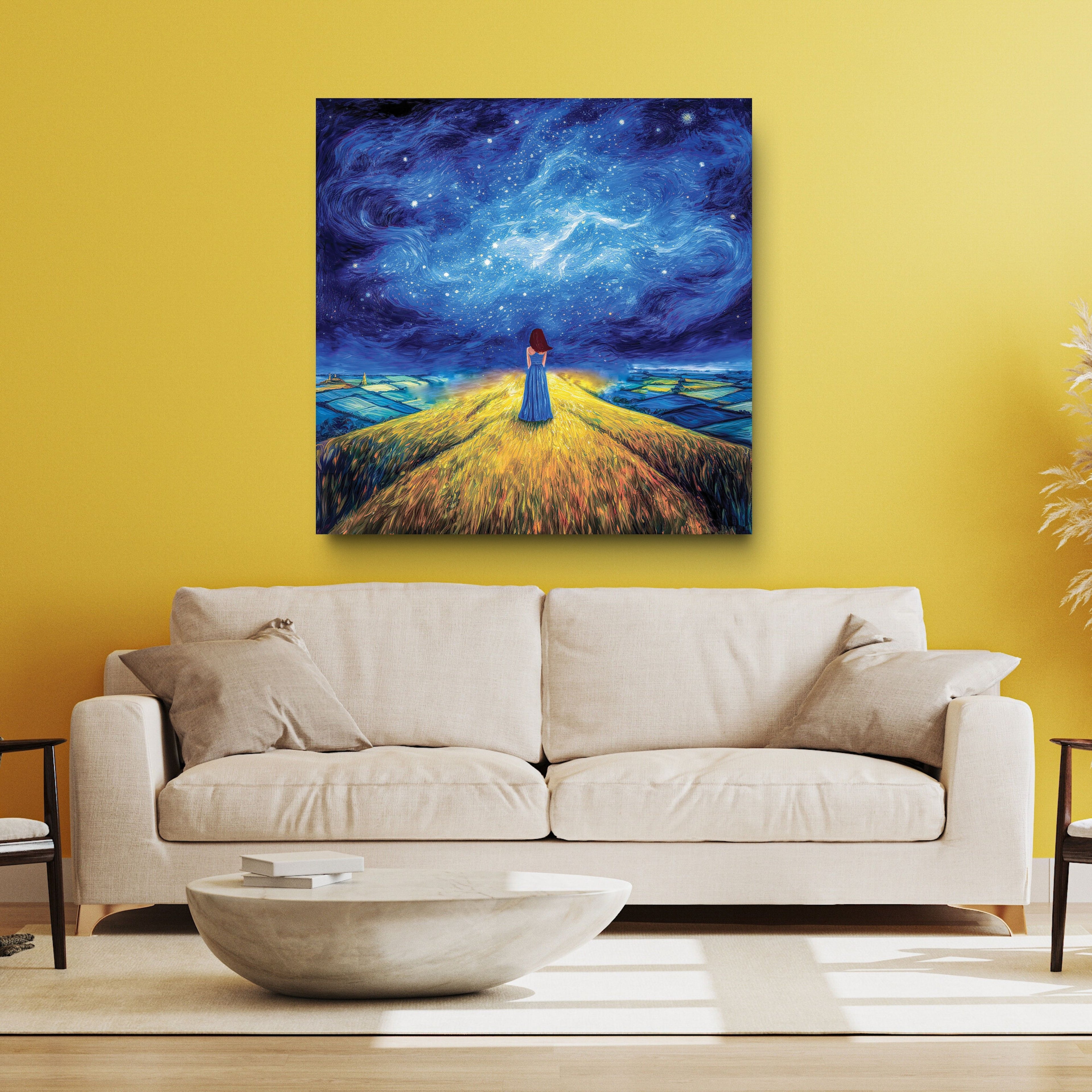 Painting of a person standing in a field under a starry sky above a beige sofa in a living room.