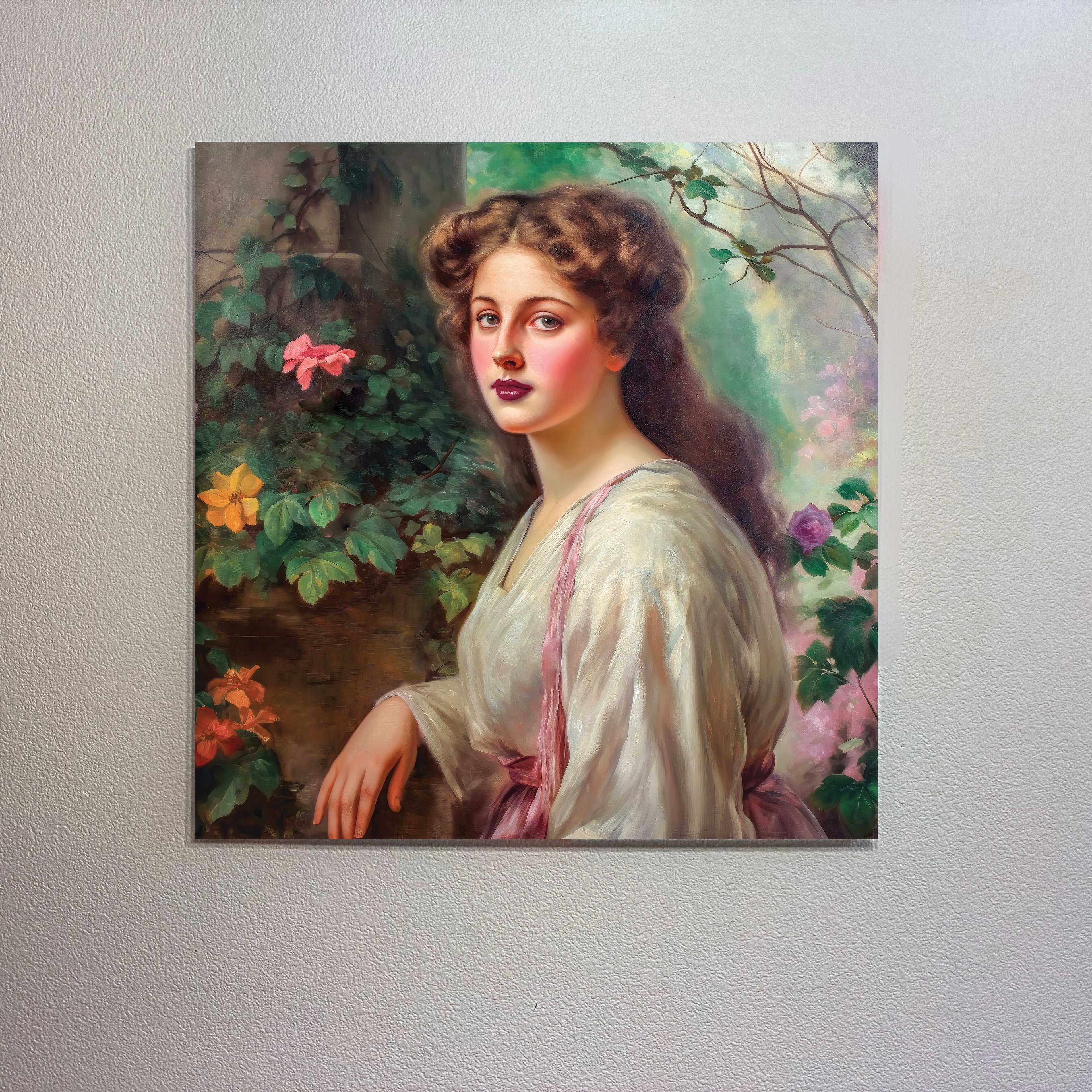 Portrait of a woman in a garden setting on a textured wall.