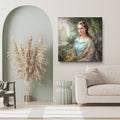 Living room with a painting of a woman on the wall, pampas grass, and a vase.