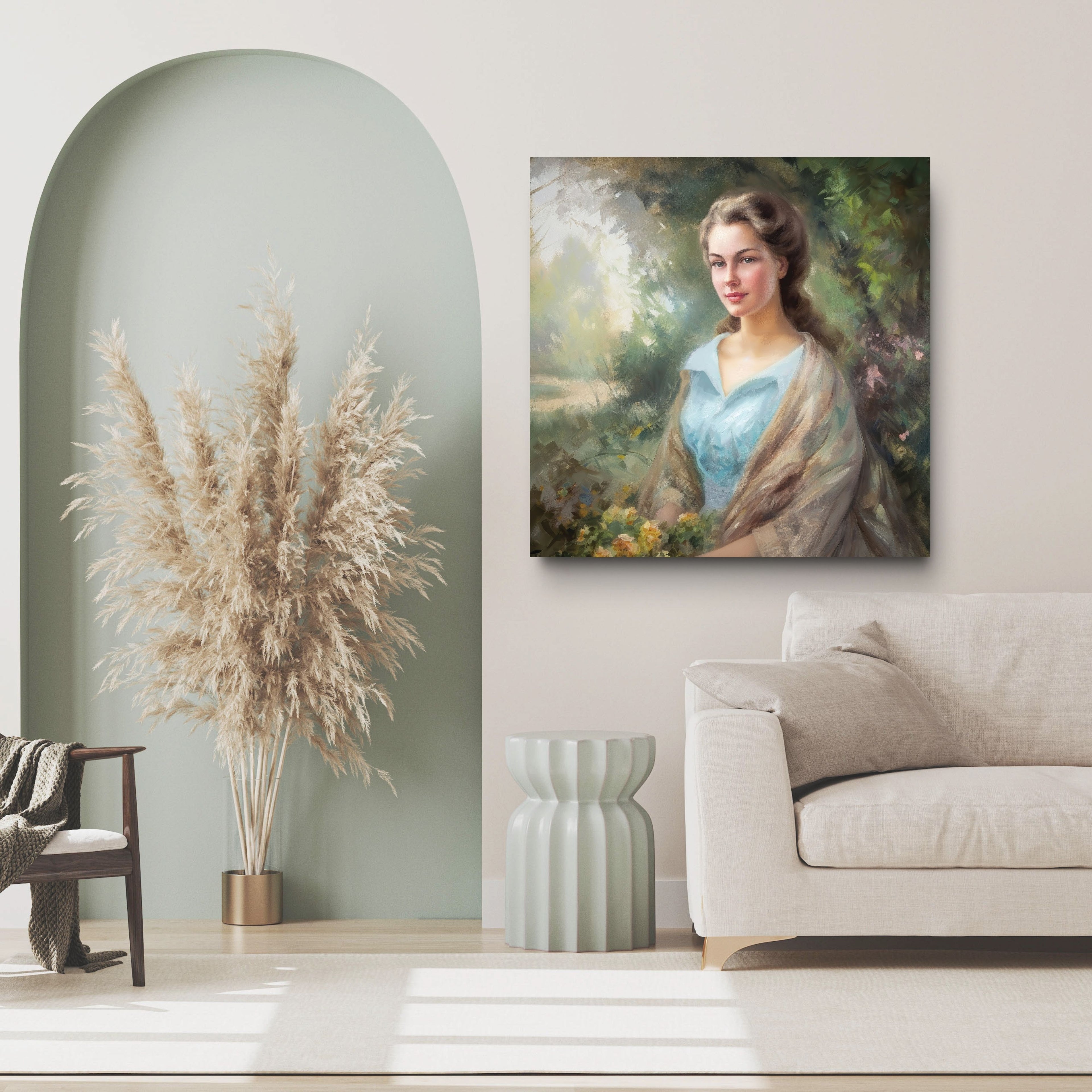 Living room with a painting of a woman on the wall, pampas grass, and a vase.