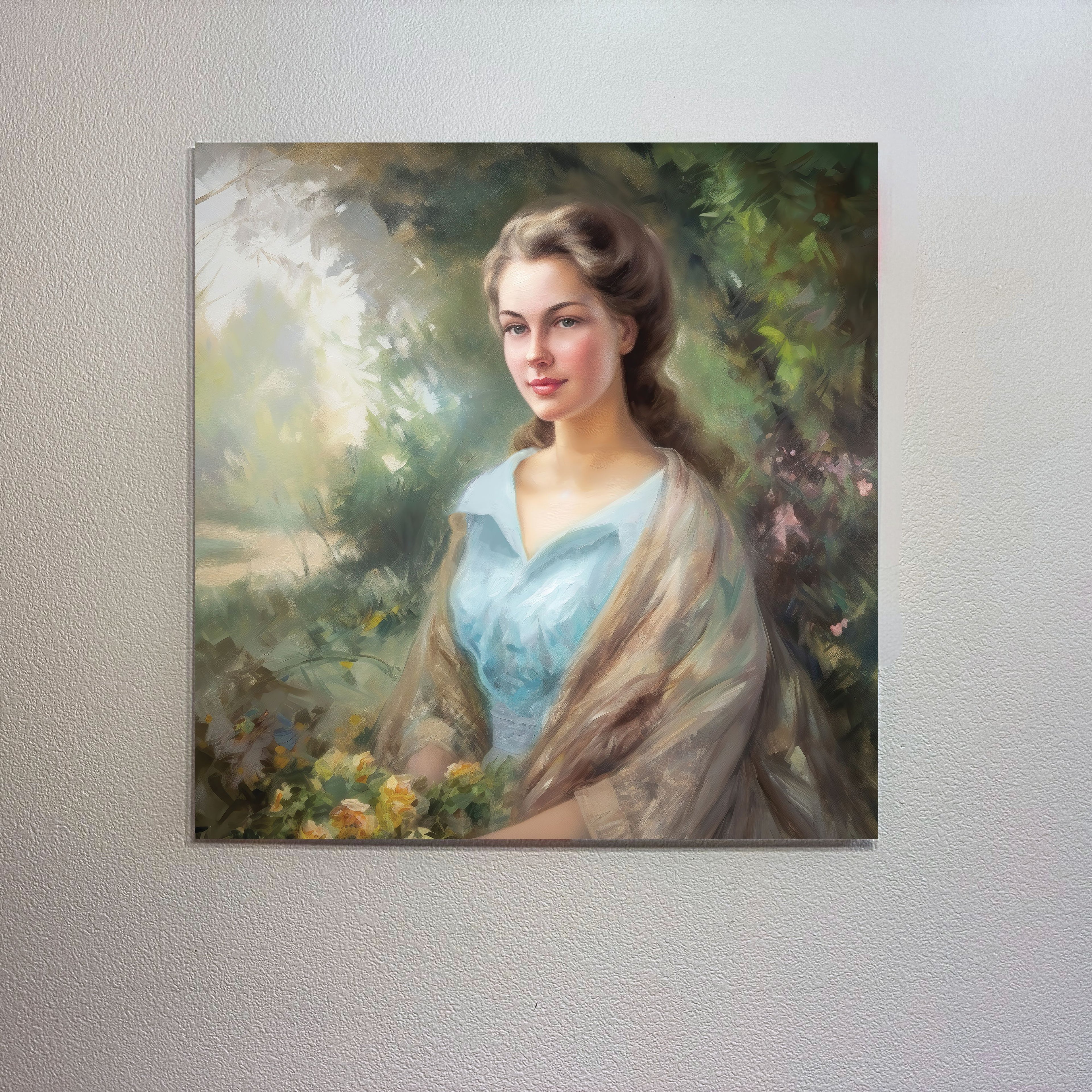 Painting of a woman in a natural setting on a textured wall.