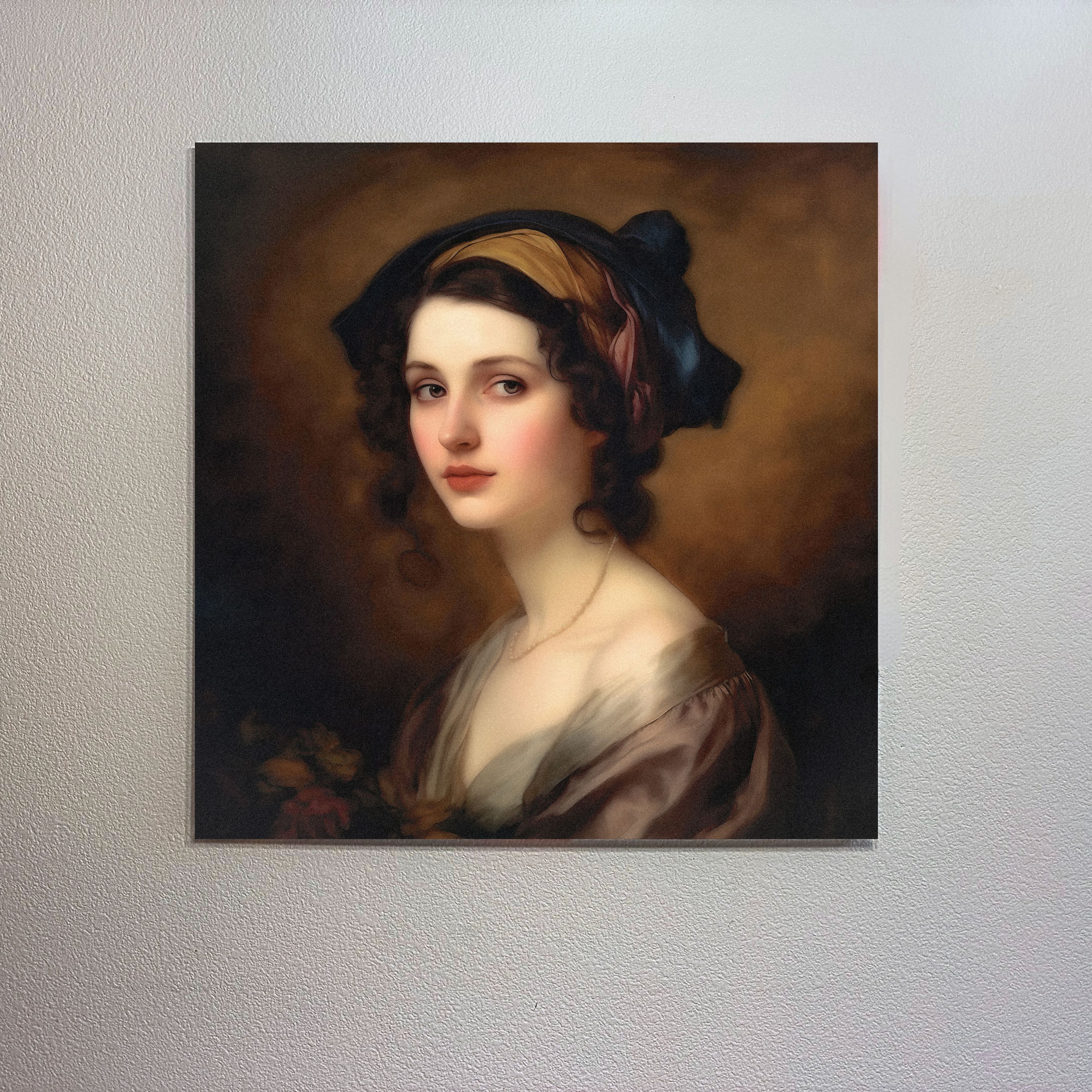 Portrait painting of a woman with a decorative headpiece on a textured wall.