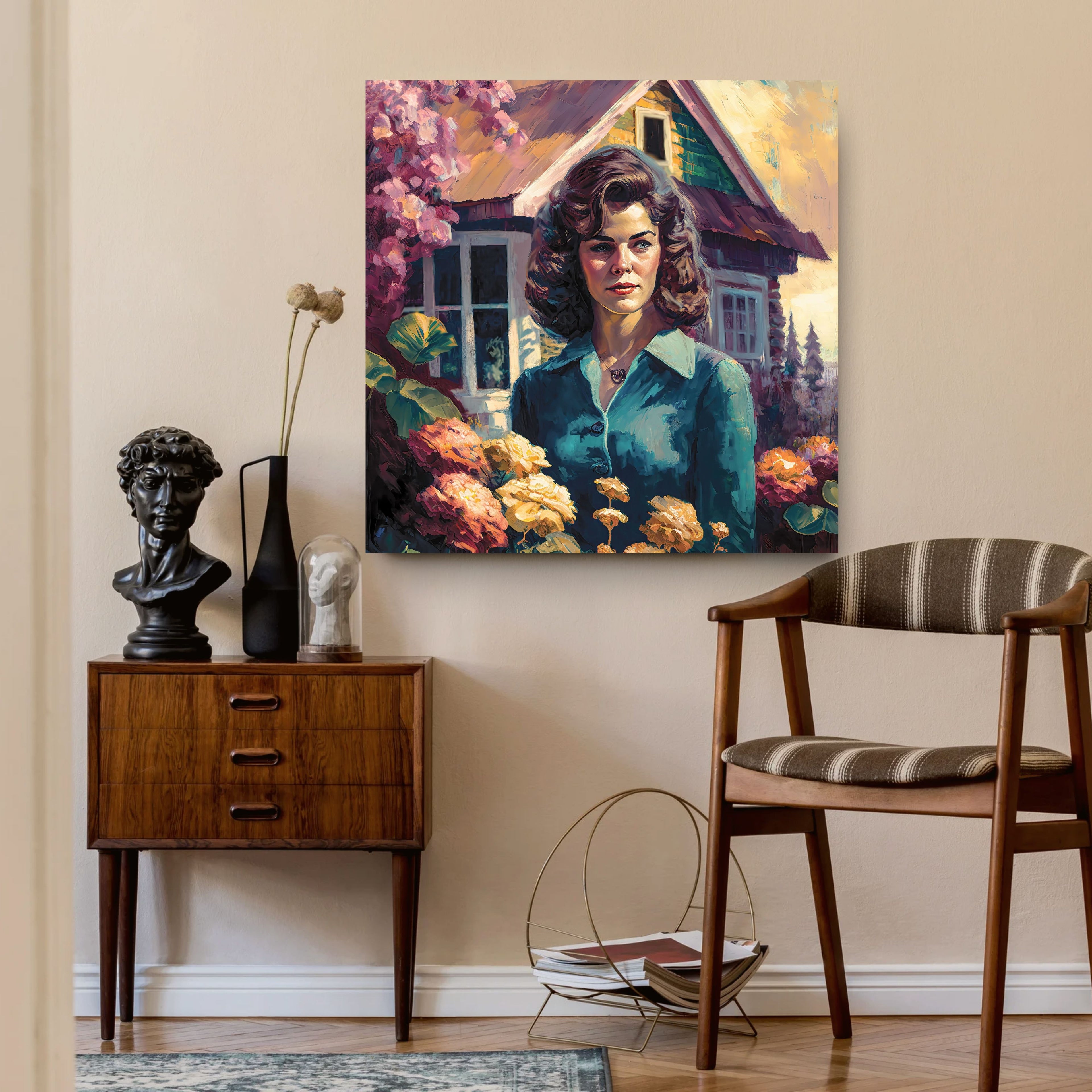 Room interior with a painting of a woman, wooden cabinet, and chair.