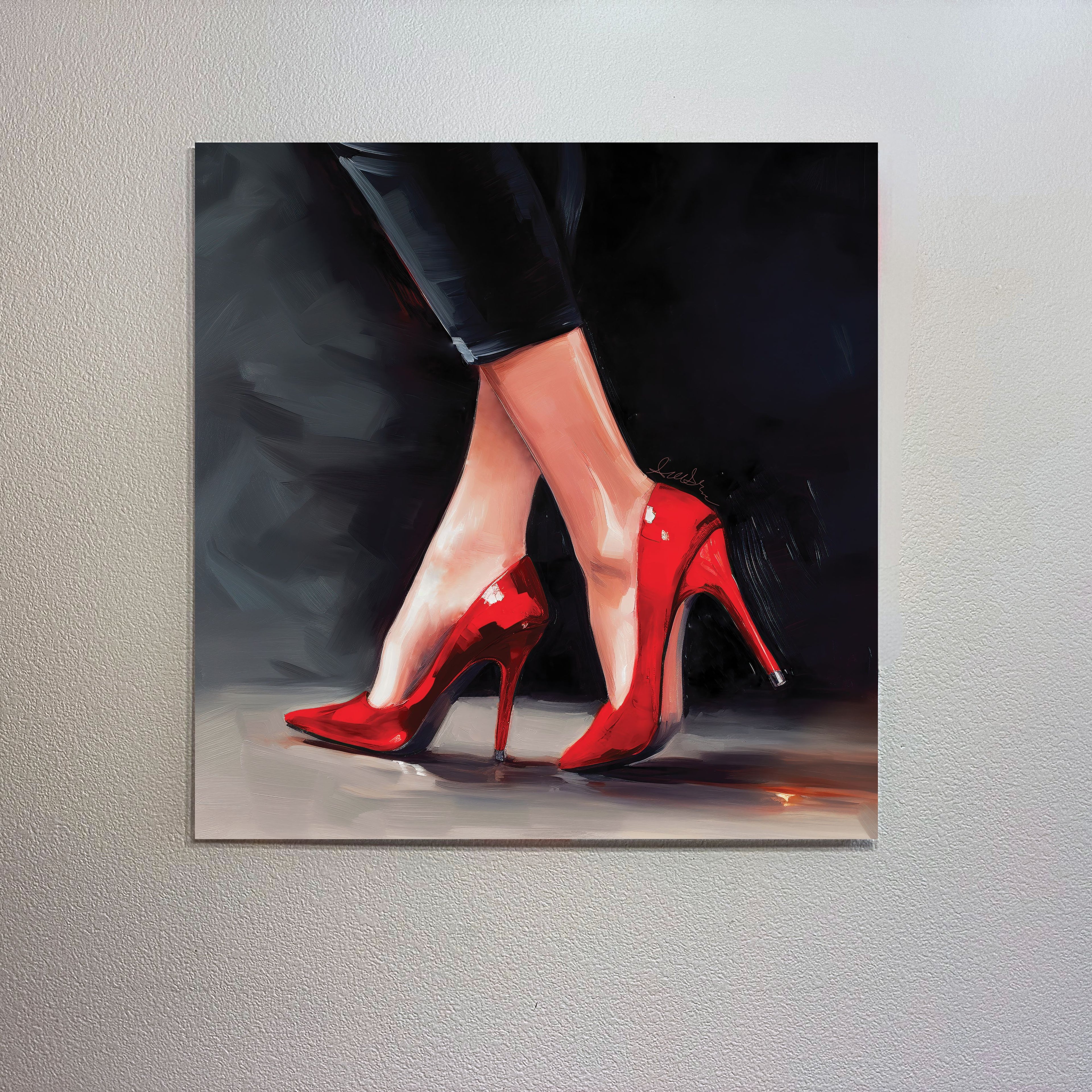 Painting of red high heels on a textured wall