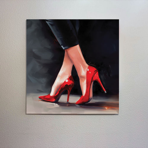 Painting of red high heels on a textured wall